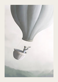 Illustration of man in hot air balloon with binoculars, soft gray tones-3