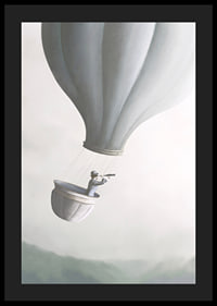 Illustration of man in hot air balloon with binoculars, soft gray tones-4