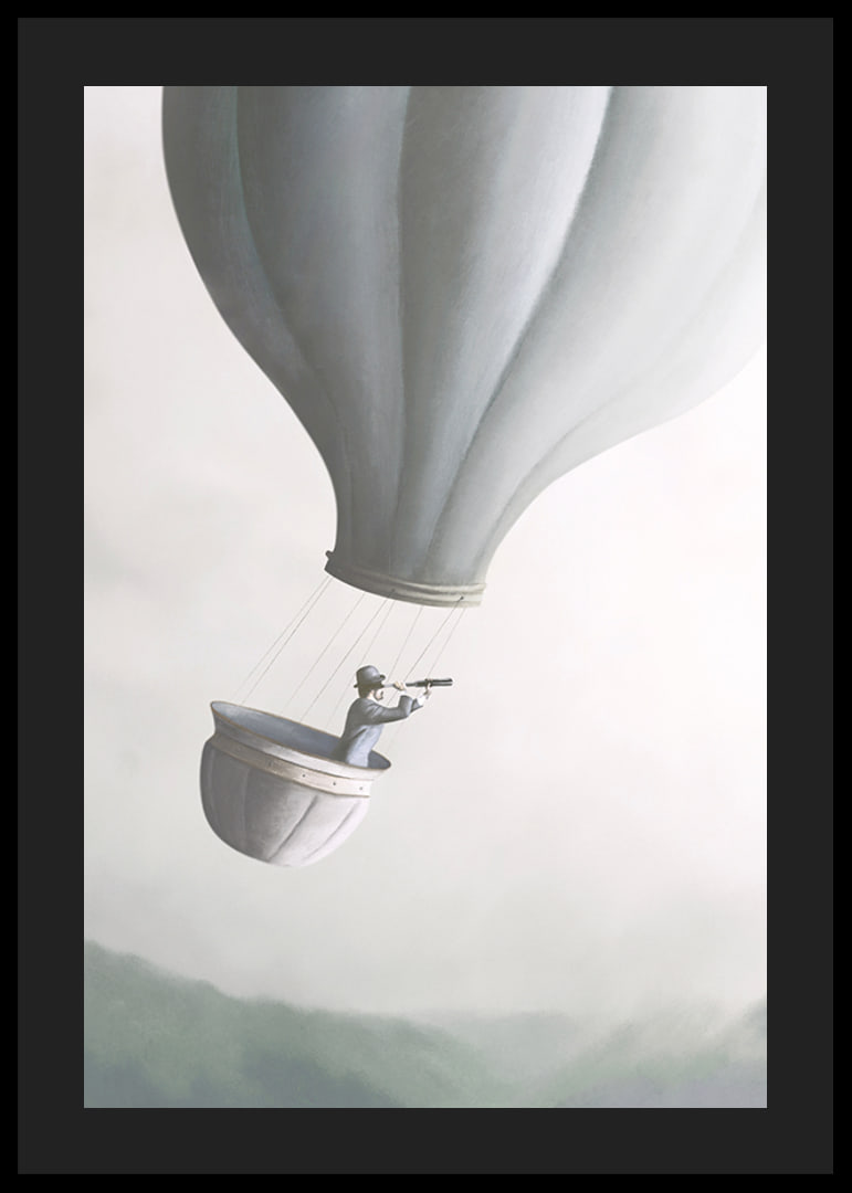 Illustration of man in hot air balloon with binoculars, soft gray tones-12
