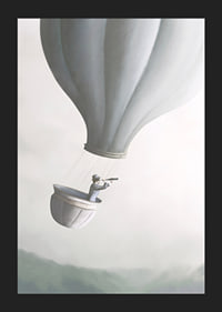 Illustration of man in hot air balloon with binoculars, soft gray tones-5