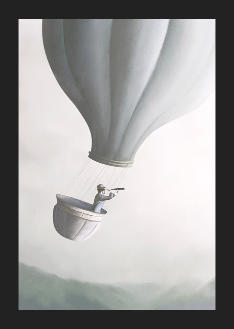 Illustration of man in hot air balloon with binoculars, soft gray tones-12