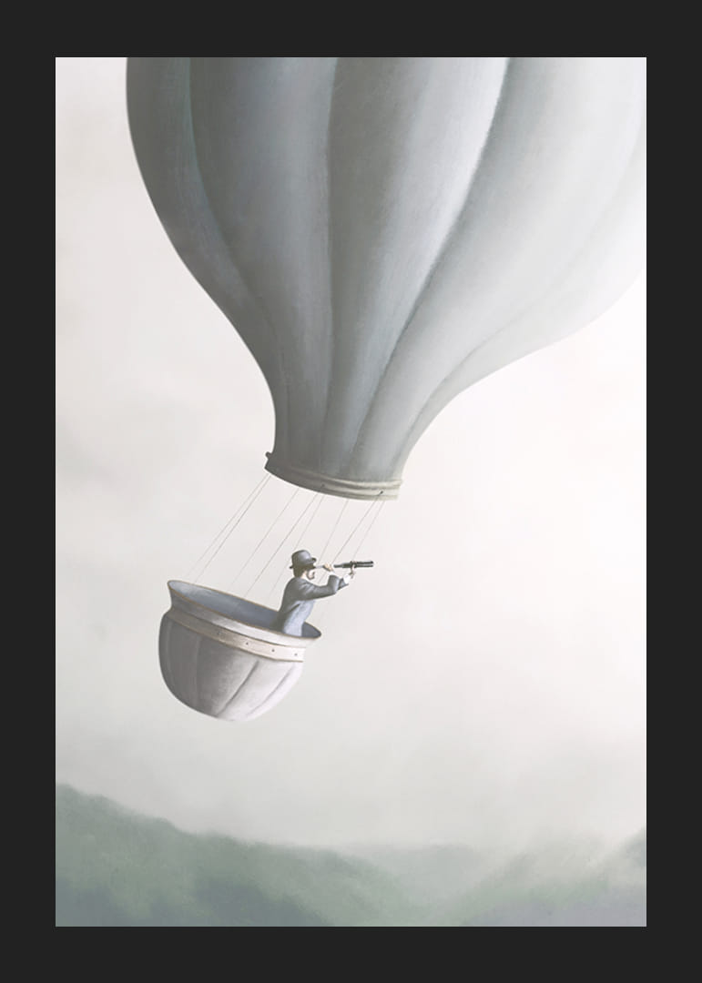 Abbildung: Mann im Heißluftballon mit Fernglas, sanfte Grautöne-12