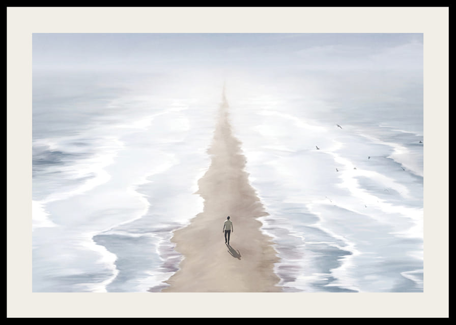 Illustrerad person på sandstig mellan två hav i dimma-12