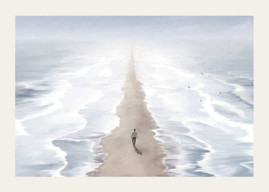 Illustrerad person på sandstig mellan två hav i dimma-12