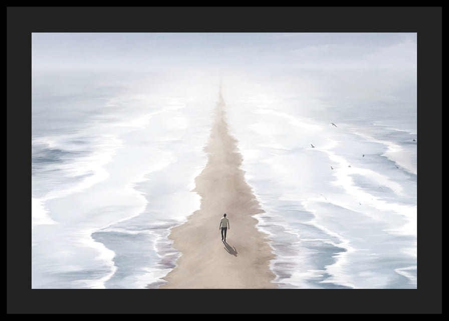 Illustrerad person på sandstig mellan två hav i dimma-12