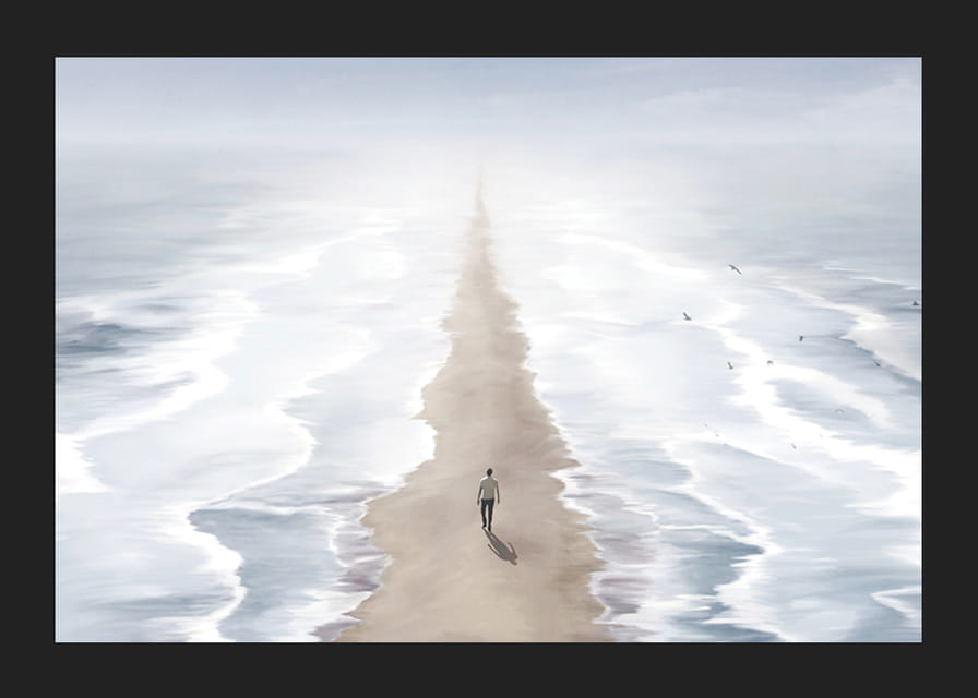 Illustrerad person på sandstig mellan två hav i dimma-12