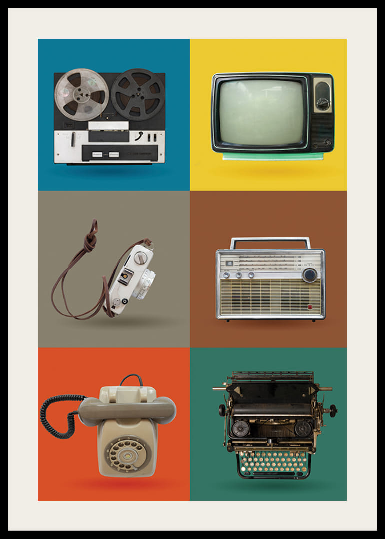 Stiliserad illustration av retro teknikprylar i färgrutor-12