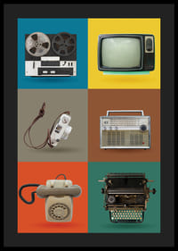 Stiliserad illustration av retro teknikprylar i färgrutor-4