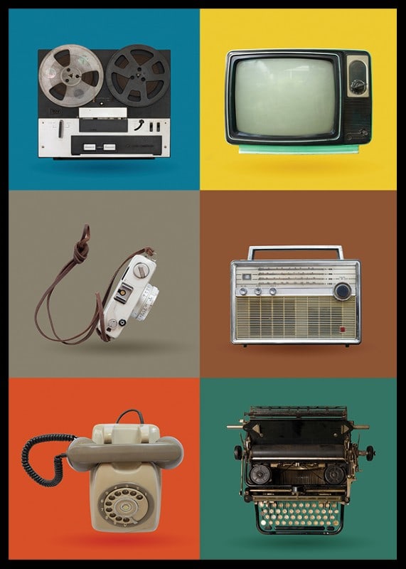 Stylized illustration of retro technology gadgets in color swatches-12