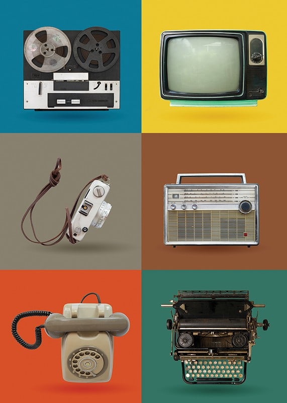 Stylized illustration of retro technology gadgets in color swatches-12