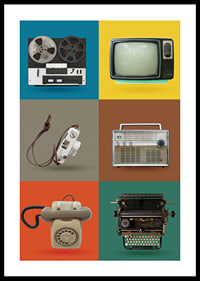 Stylized illustration of retro technology gadgets in color swatches-0