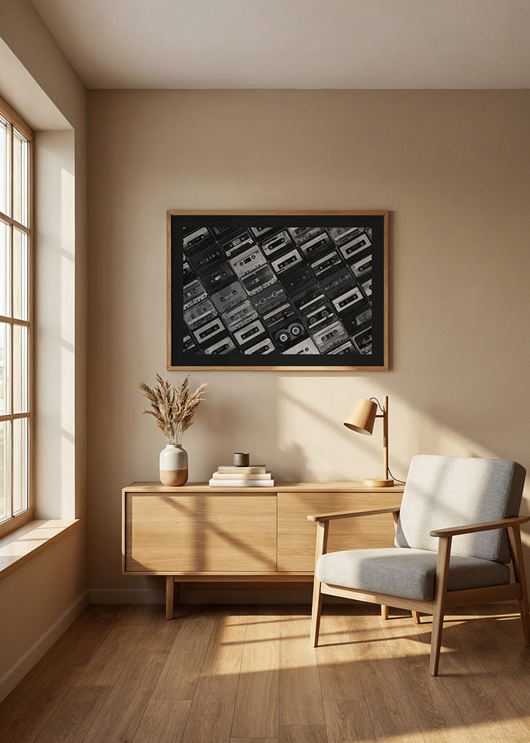 Fekete-fehér fénykép több kazettáról sakktábla mintában-12