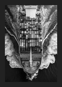Black and white aerial view of cargo ship with containers at sea-1