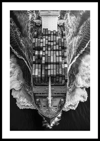 Black and white aerial view of cargo ship with containers at sea-2