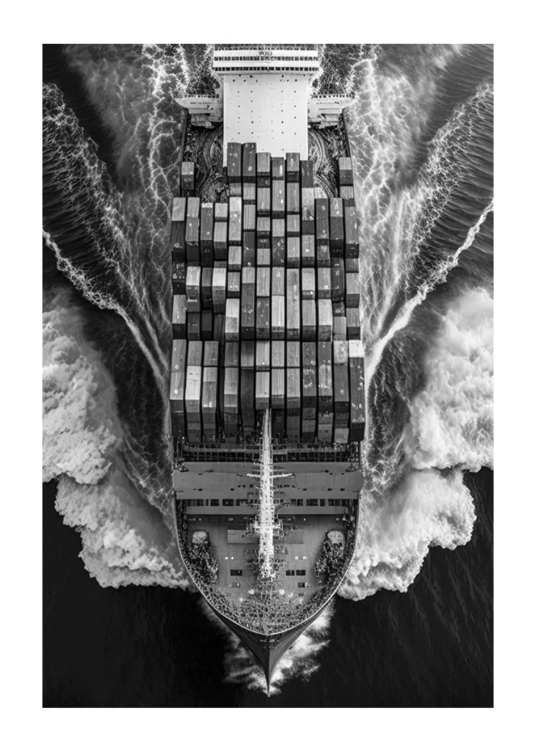 Black and white aerial view of cargo ship with containers at sea-12