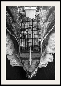 Black and white aerial view of cargo ship with containers at sea-4