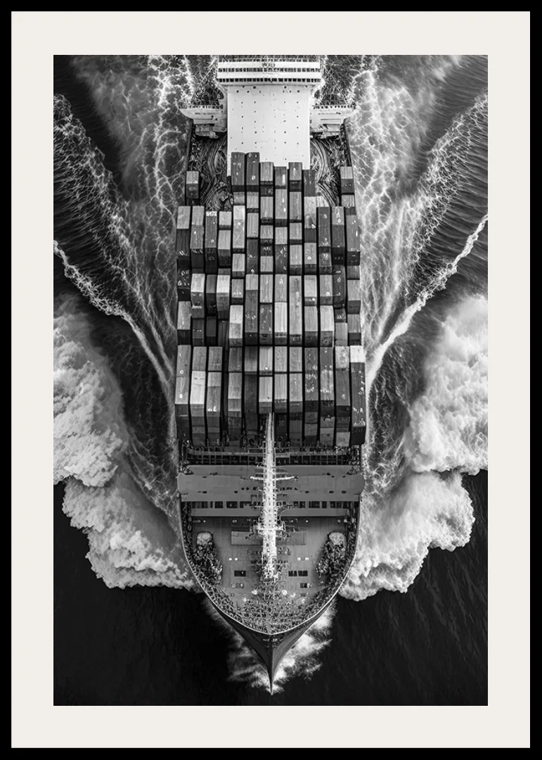 Black and white aerial view of cargo ship with containers at sea-12