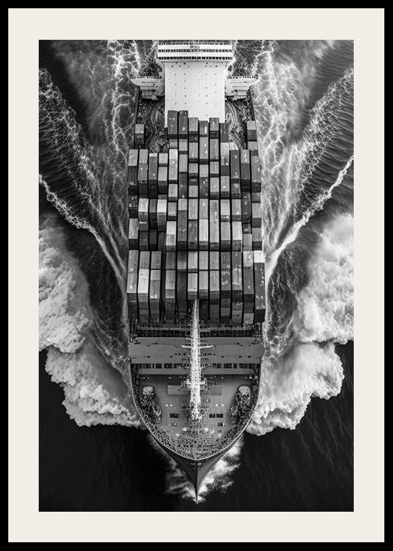 Čiernobiely letecký pohľad na nákladnú loď s kontajnermi na mori-12