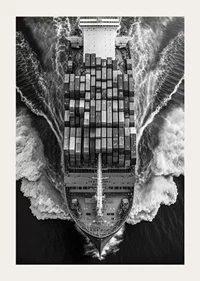 Black and white aerial view of cargo ship with containers at sea-5