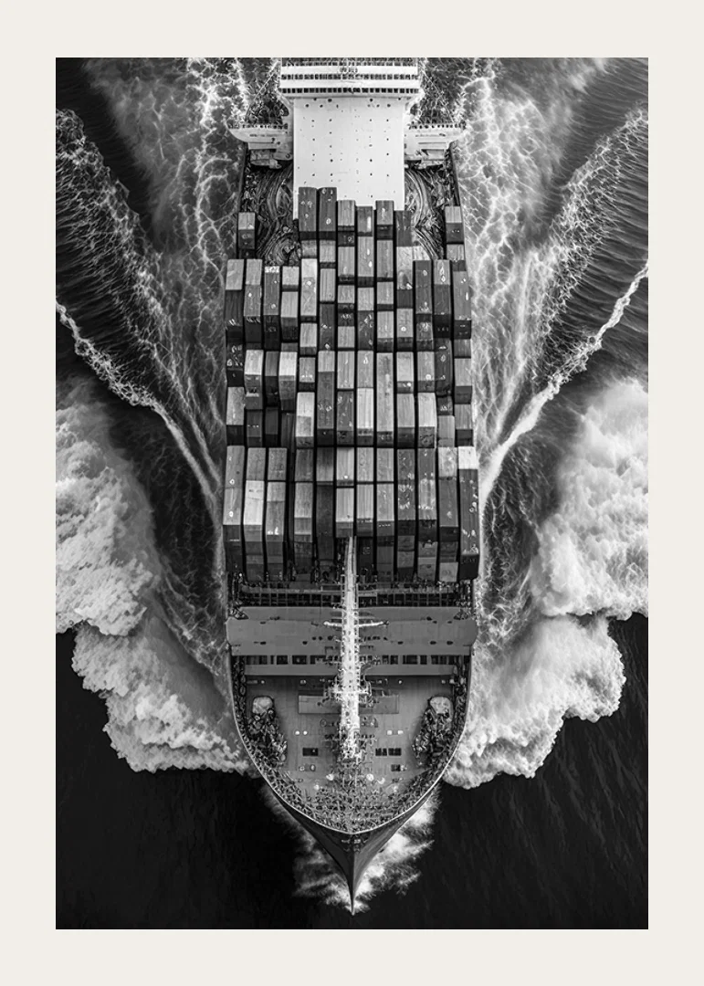 Black and white aerial view of cargo ship with containers at sea-12
