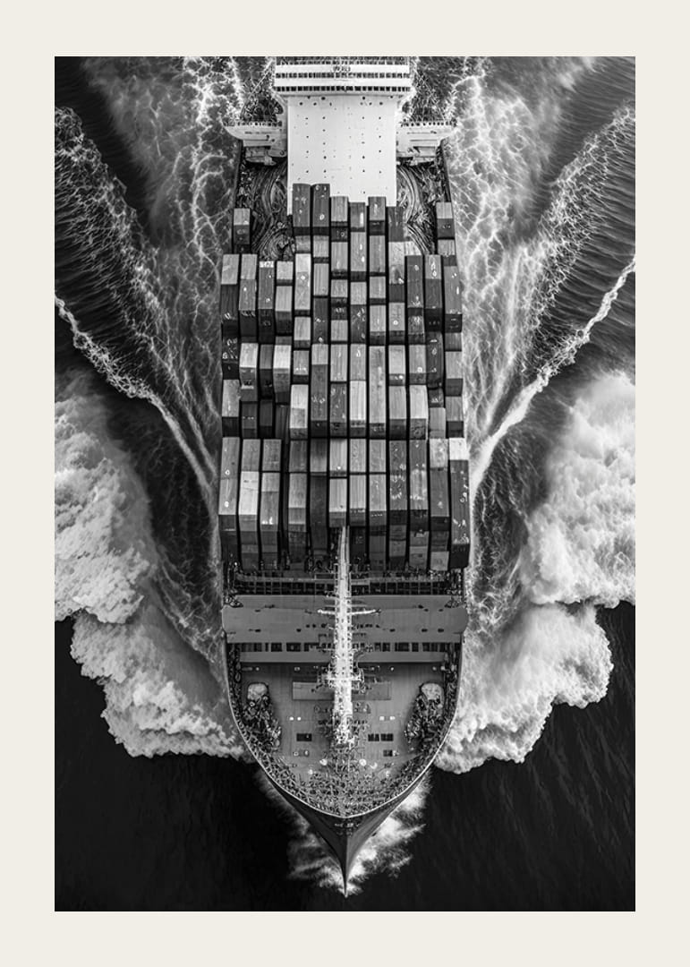 Čiernobiely letecký pohľad na nákladnú loď s kontajnermi na mori-12