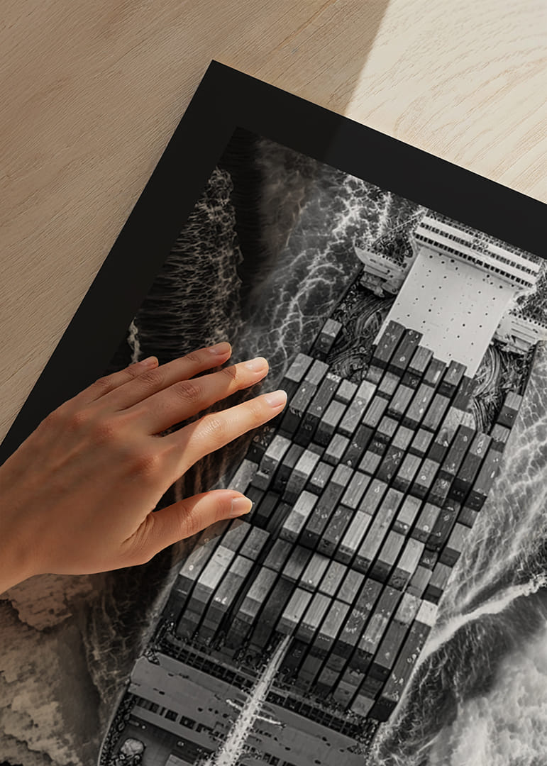 Svart-hvitt luftfoto av lasteskip med containere til sjøs-12