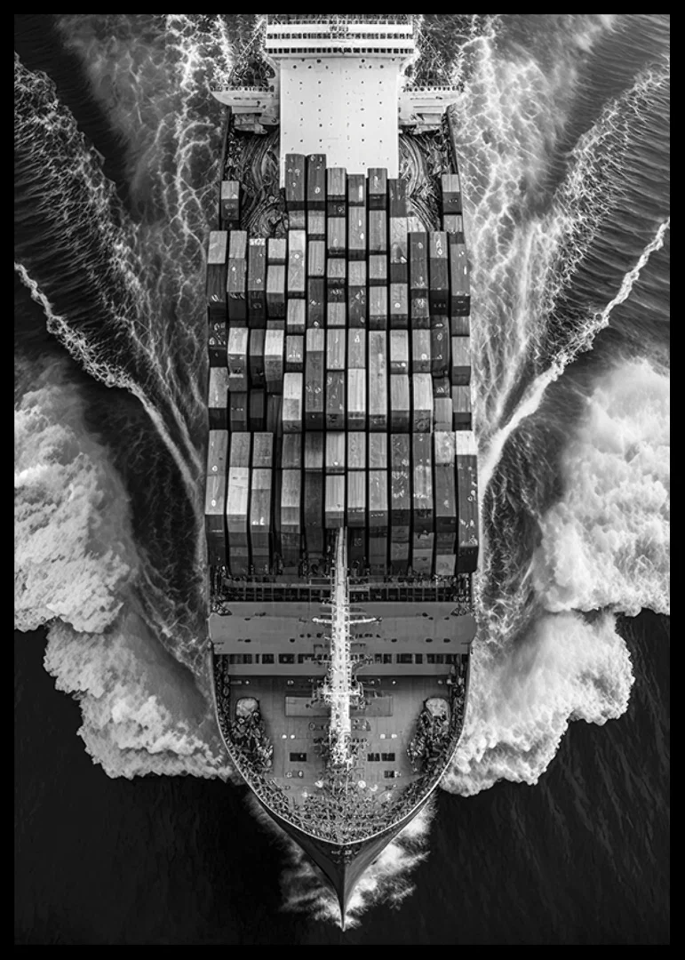 Black and white aerial view of cargo ship with containers at sea-12