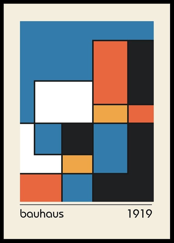Abstract composition with colored rectangles in blue, orange, black and white-12