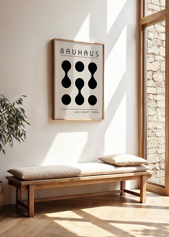 Graphic Bauhaus design with black circles on beige background-12