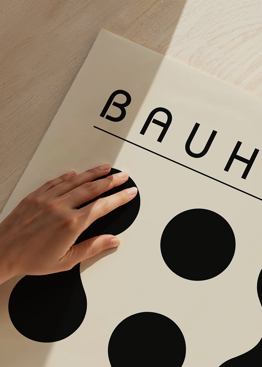 Graphic Bauhaus design with black circles on beige background-12