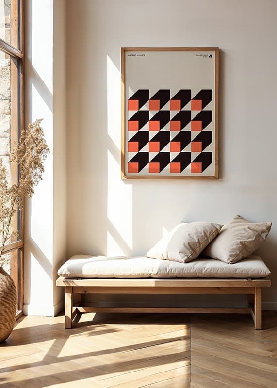 Abstrakta geometriska former i svart och tegelrött på beige-12
