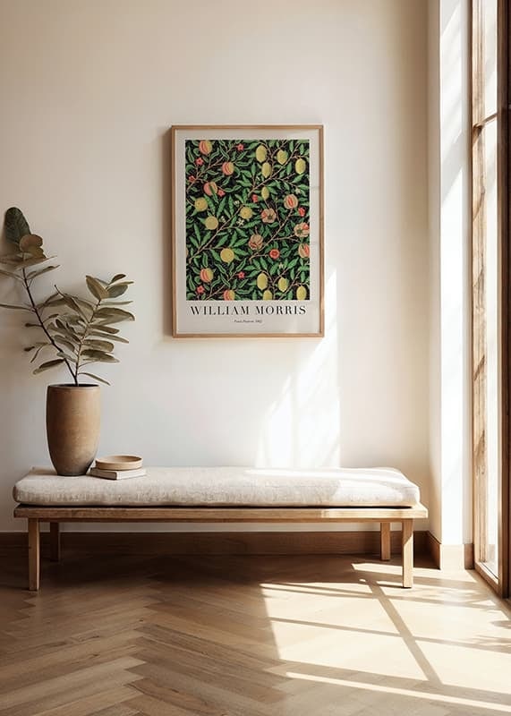 Dense, symmetrical pattern with stylized apples, lemons and pomegranates among green, winding leaves and branches-12