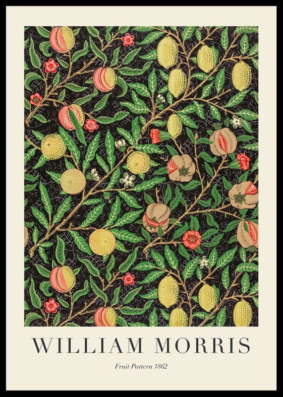 Dense, symmetrical pattern with stylized apples, lemons and pomegranates among green, winding leaves and branches-12