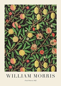 Dense, symmetrical pattern with stylized apples, lemons and pomegranates among green, winding leaves and branches-1