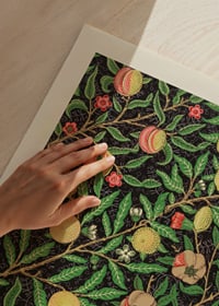 Dense, symmetrical pattern with stylized apples, lemons and pomegranates among green, winding leaves and branches-3