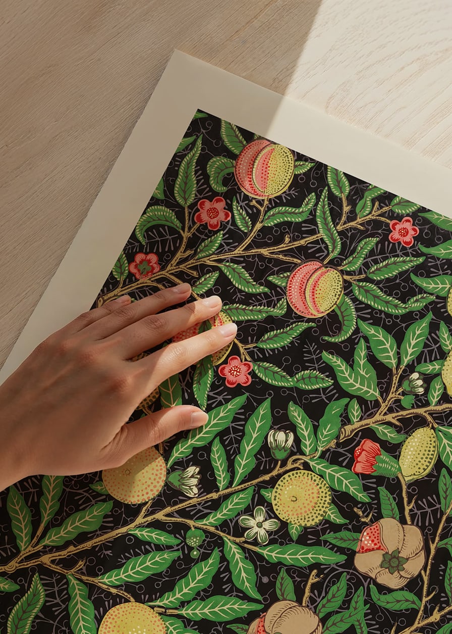 Dense, symmetrical pattern with stylized apples, lemons and pomegranates among green, winding leaves and branches-12
