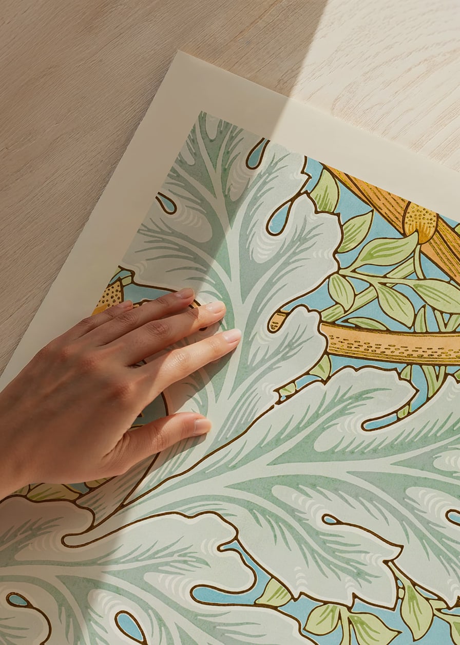 Dense symmetrical pattern with stylized blue and yellow acanthus leaves and small flowers against a light background-12