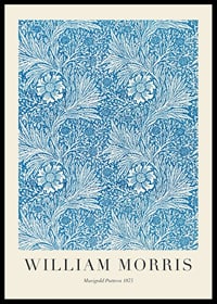 Dense, graphic pattern with stylized marigolds, winding leaves and thin stems in blue and white against a dark background-0