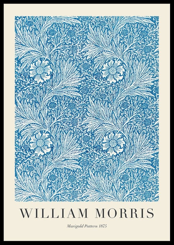 Dense, graphic pattern with stylized marigolds, winding leaves and thin stems in blue and white against a dark background-12