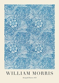 Dense, graphic pattern with stylized marigolds, winding leaves and thin stems in blue and white against a dark background-1