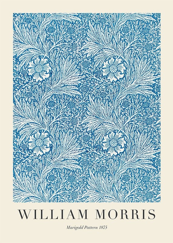 Dense, graphic pattern with stylized marigolds, winding leaves and thin stems in blue and white against a dark background-12