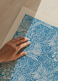 Dense, graphic pattern with stylized marigolds, winding leaves and thin stems in blue and white against a dark background-3