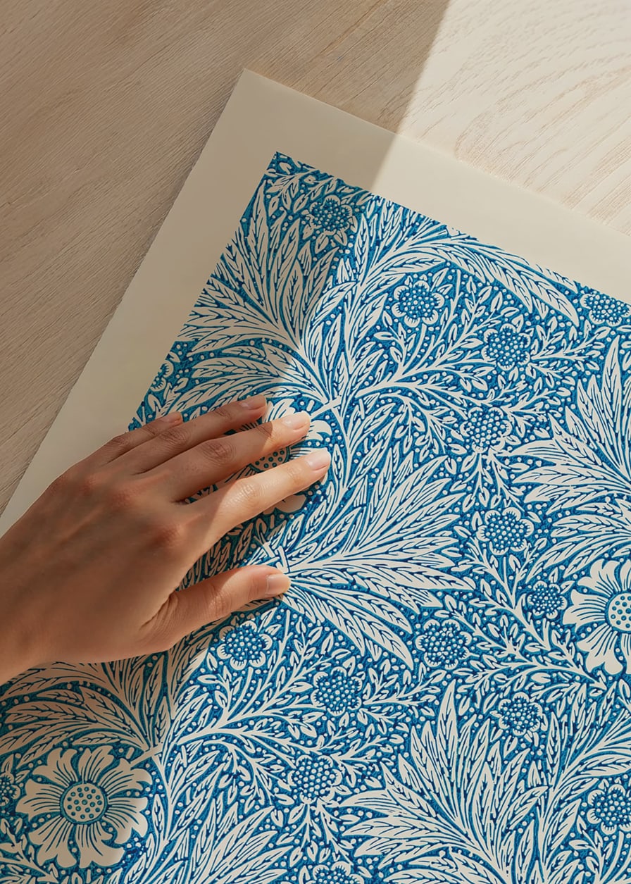Dense, graphic pattern with stylized marigolds, winding leaves and thin stems in blue and white against a dark background-12