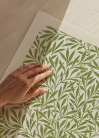 Tätt, grafiskt mönster med smala, slingrande pilblad i olika nyanser av grönt mot ljus beige bakgrund-3