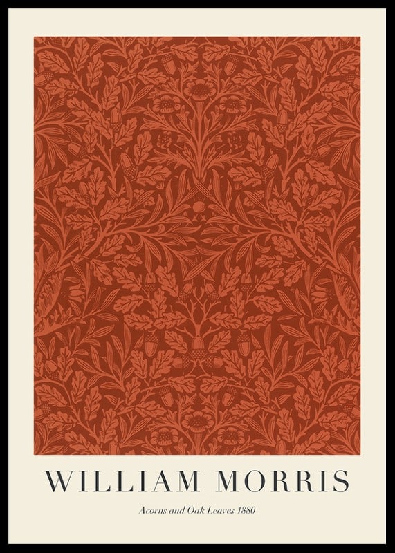 Dense, graphic pattern with acorns and oak leaves in rust red and beige tones against a dark background-12