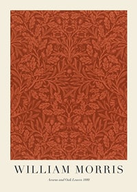 Dense, graphic pattern with acorns and oak leaves in rust red and beige tones against a dark background-1