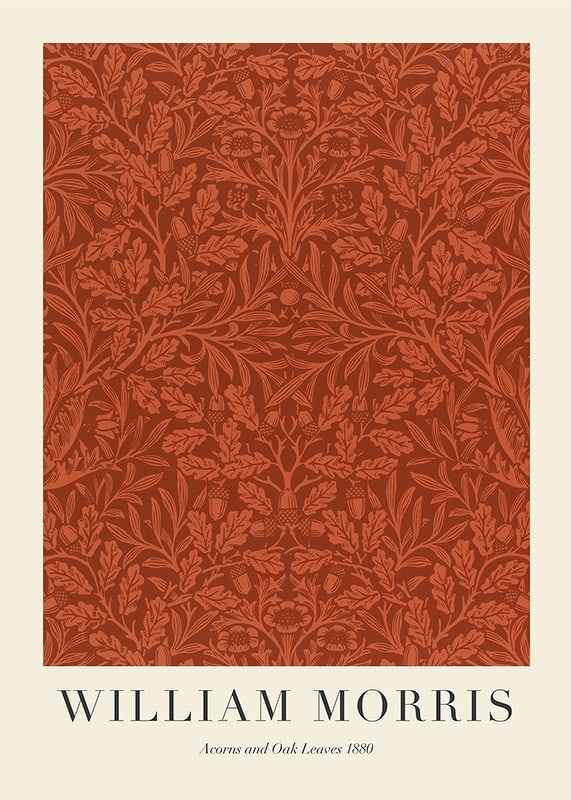 Dense, graphic pattern with acorns and oak leaves in rust red and beige tones against a dark background-12