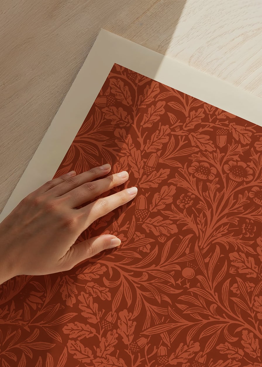 Dense, graphic pattern with acorns and oak leaves in rust red and beige tones against a dark background-12