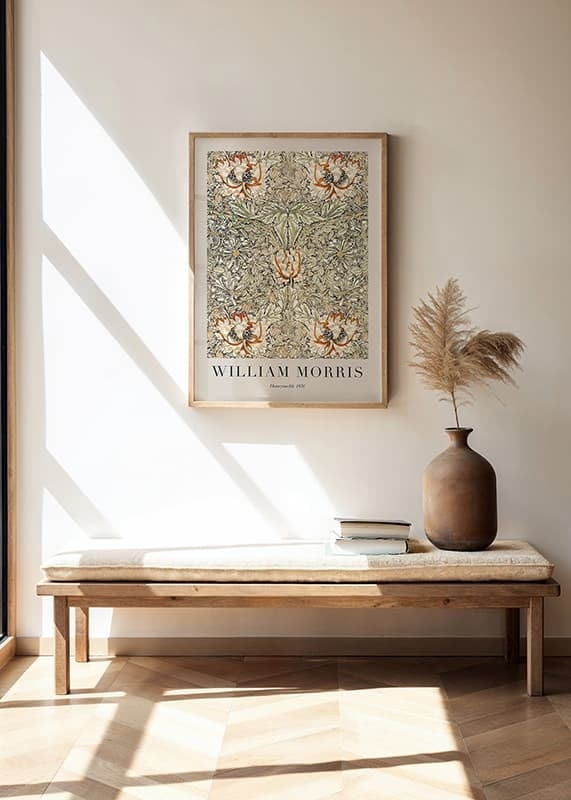 Stylized, dense pattern with honeysuckle flowers and winding leaves in green, yellow and orange shades against a dark background-12