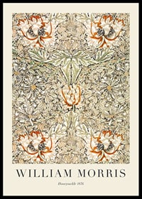 Stylized, dense pattern with honeysuckle flowers and winding leaves in green, yellow and orange shades against a dark background-0